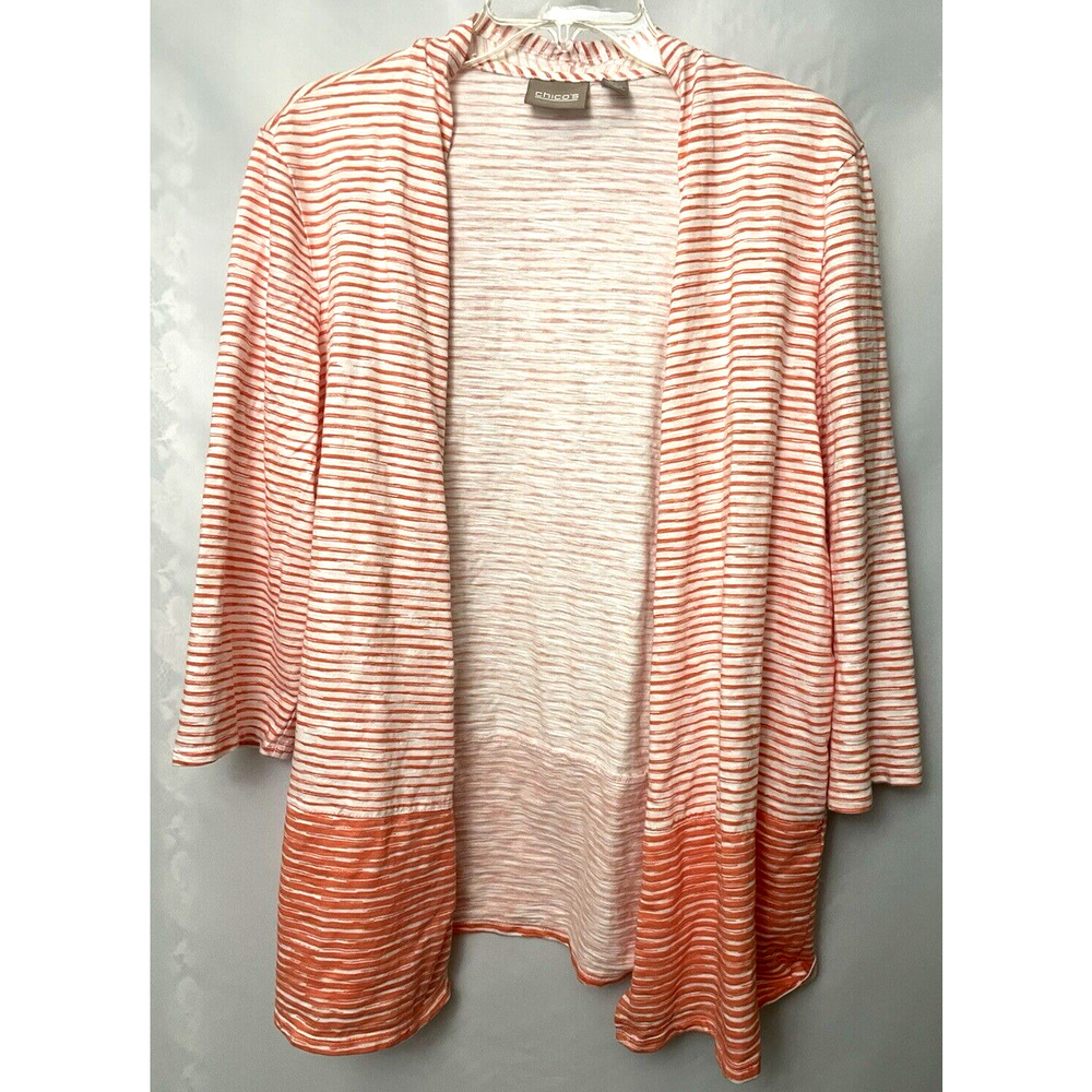 Chicos Sweater Women's Size 3 Costal Coral Striped Open Knit Jacket Long Sleeve